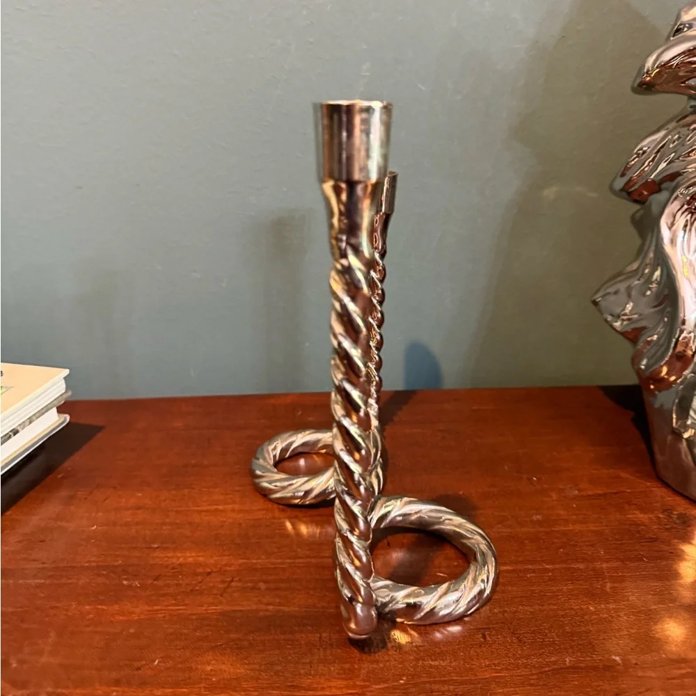 West Elm Silver Tone Rope Design Double Taper Candle Holder Centerpiece Modern